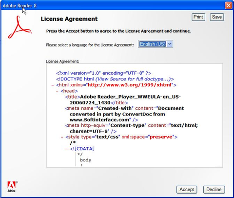 Adobe Reader 8 license agreement showing HTML code.