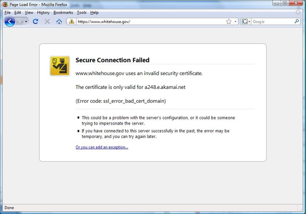 whitehouse.gov error message claiming the host is a248.e.akamai.net