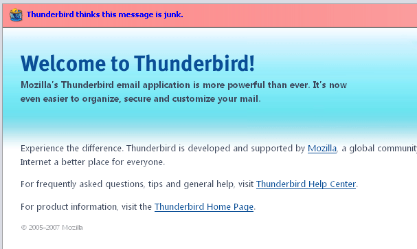 Thunderbird showing it's own welcome message as spam.